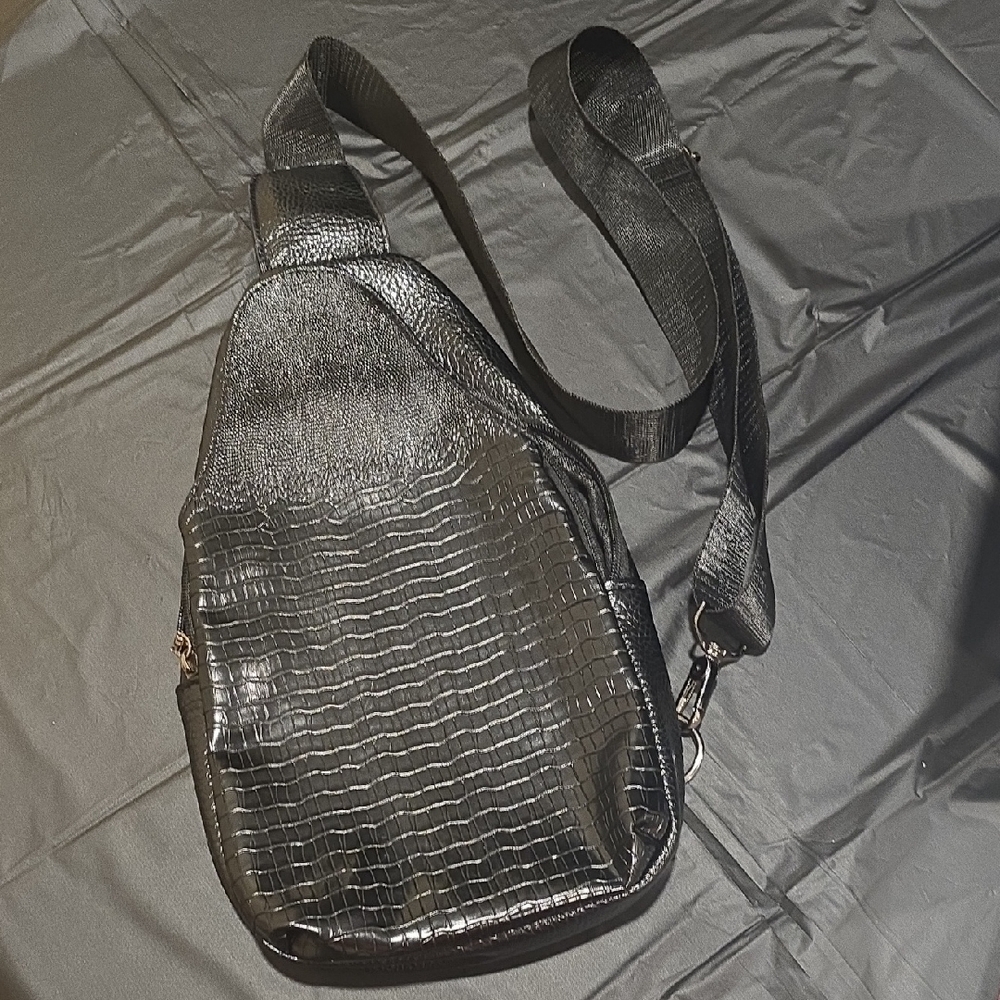 Black Croc-Embossed Sling Bag